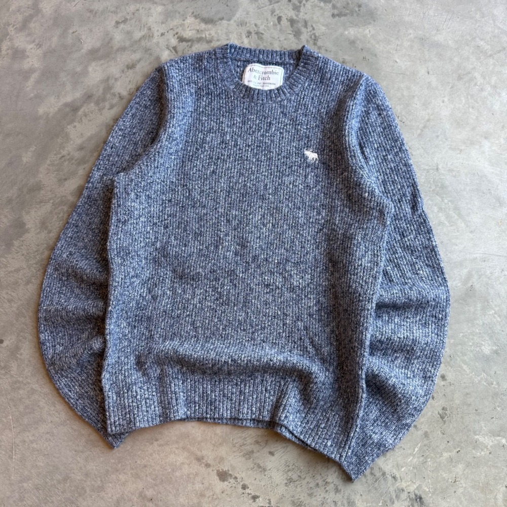 Abercrombie & Fitch Mens Blue Marled Ribbed Crewneck Sweater Size L Logo